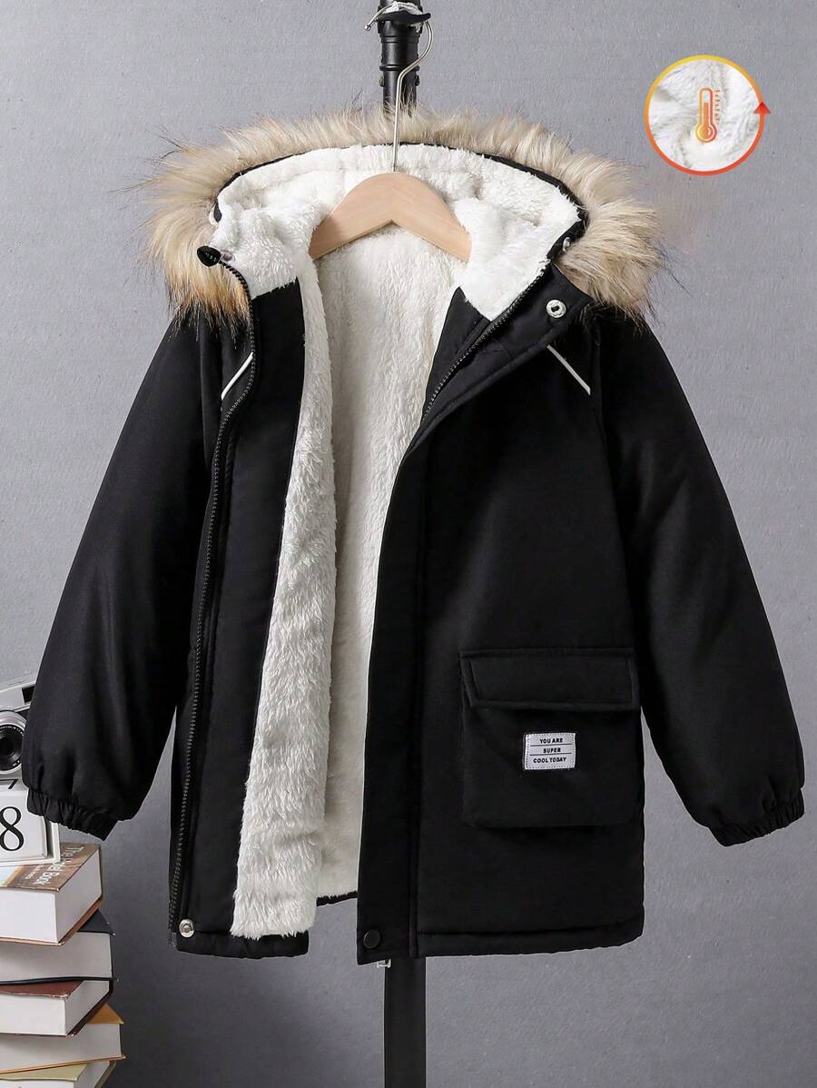 SHEIN Tween Boy 1pc Patch Detail Fuzzy Trim Hooded Thermal Lined Padded Coat - Black - View 1