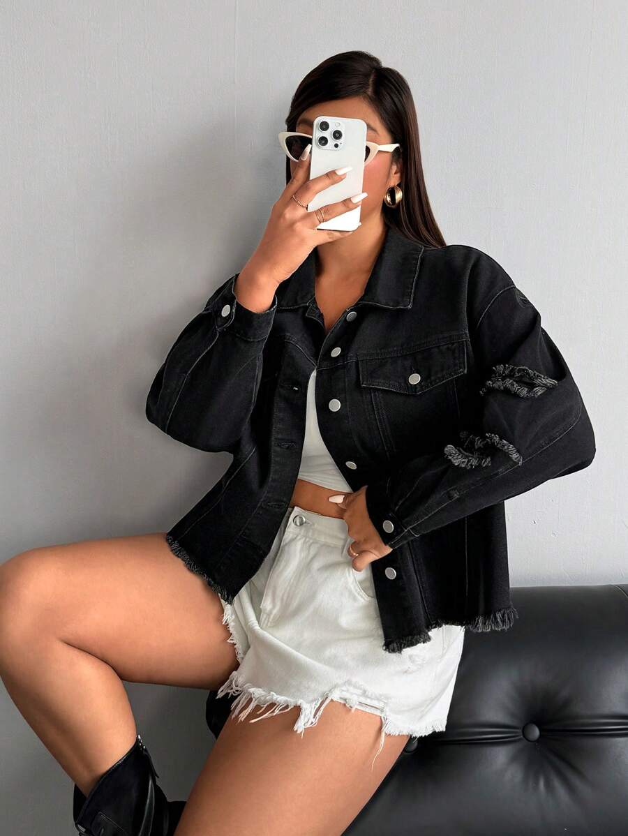 SHEIN ICON Plus Size Women's Long Sleeve Loose Casual Distressed Denim Jacket - Black - View 1