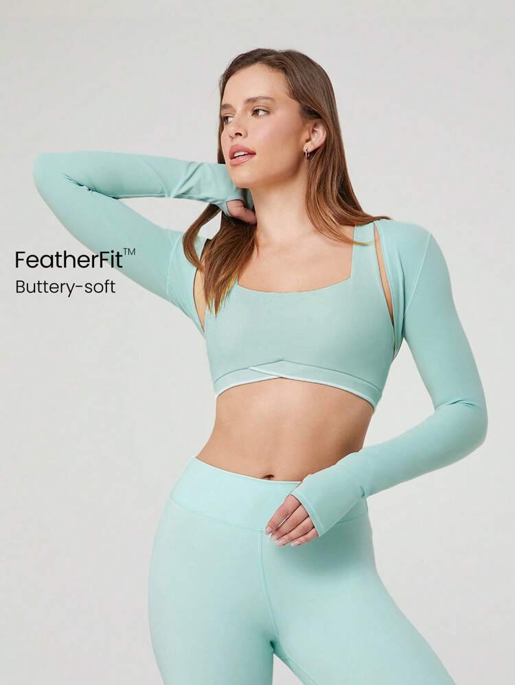 FeatherFit™ Cropped Limitless Long Sleeve Tank Shrug Top With Thumbhole Low Impact Yoga Pilates Daily Summer