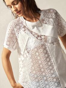 Bohemela 波西米亚风夏季海滩音乐节圆领短袖星星蕾丝拼接宽松女士 T 恤