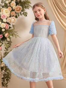 Vestido de princesa elegante, luxuoso e adorável com decoração de malha e lantejoulas para meninas pré-adolescentes - Azul - Ver 1