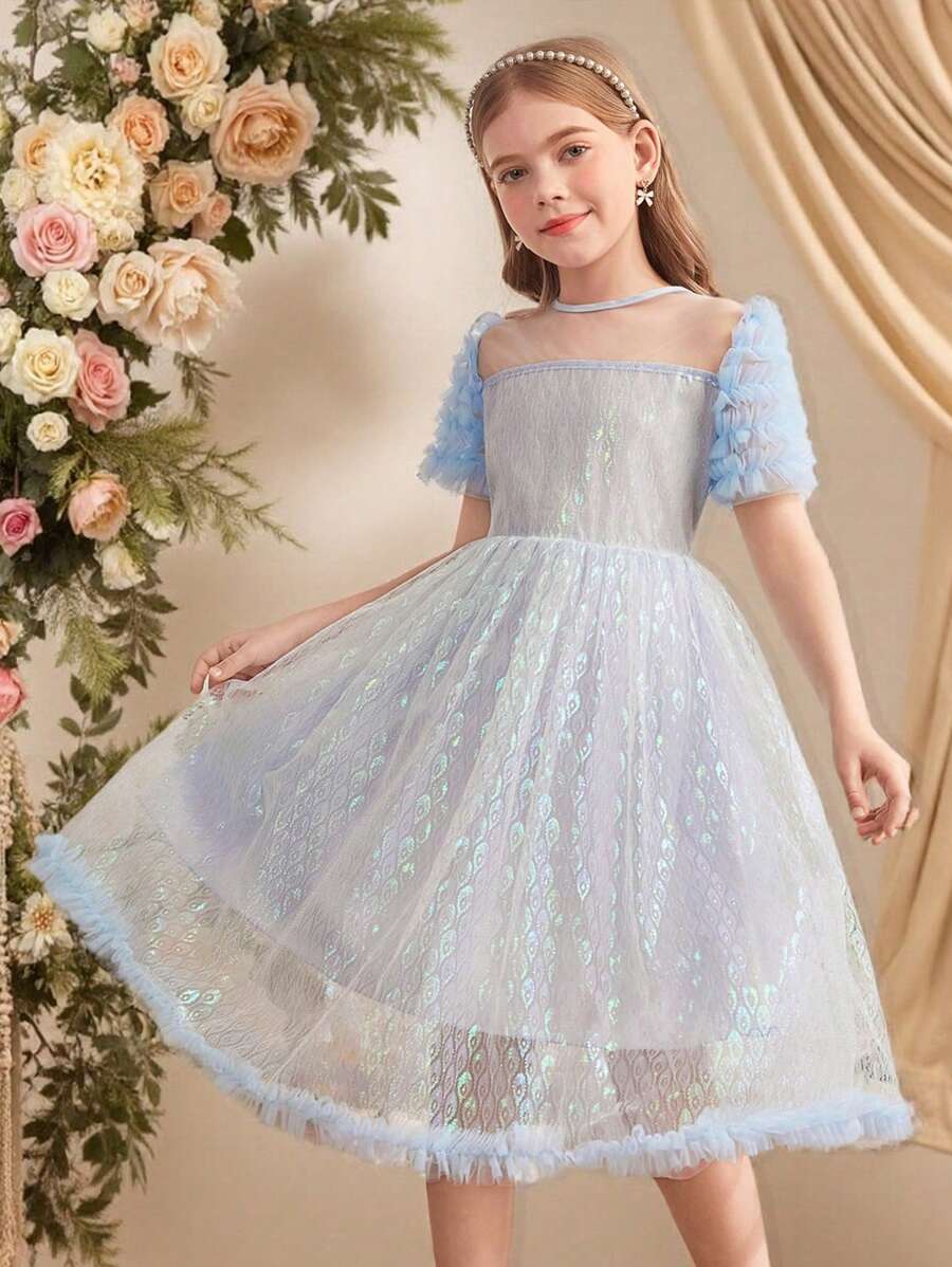 Vestido de princesa elegante, luxuoso e adorável com decoração de malha e lantejoulas para meninas pré-adolescentes - Azul - Ver 1