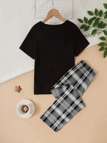 SHEIN Tween 女童家居服黑色短袖口袋上衣和格子长裤 2 件套 - 深灰色 - 查看 2