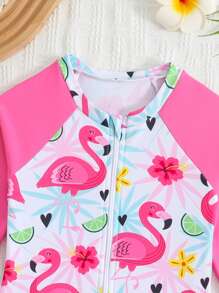 Young Girl Flamingo Print Raglan Long Sleeve Ruffled One-Piece Swimsuit - Multicolor - View 3