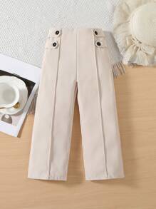 SHEIN Young Girl Plain Color Button Design Toothpick Straight Casual Pants - Khaki - View 1