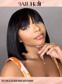 Short Bob Wig Fake Scalp Top Layered Straight Remy Hair Wigs With Bangs Jet Black Full Machine Made None Lace Wigs For Women