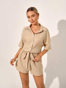 SHEIN LUNE 2 pièces/Set Femme Chemise et Short Monochromes à Manches Courtes, Style Minimaliste Adapté à l'Été