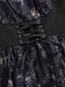 ROMWE Dark Gothic Girl Vintage Pattern Print Elastic Waist Ruffle Hem Overlay Long Dress, Women Summer Outfits - Black - View 4