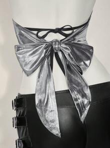 SHEIN ICON Áo không tay hở lưng cổ xếp nếp gợi cảm bằng kim loại cho nữ, trang phục đi nghỉ Boho mùa hè, trang phục đi nghỉ thanh lịch, váy dự tiệc cưới giản dị cho nữ, áo Rave - Bạc - Xem 11