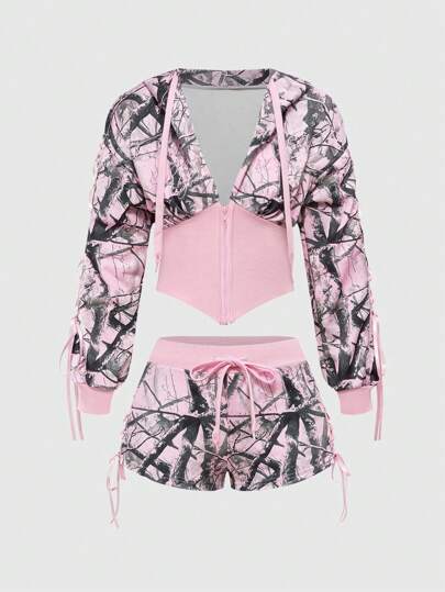 J-Fashion مجموعة قطعتين للنساء مكونة من طباعة إخفاء والطرز المطرز بارزة ذات خصر منخفض ورومانسية طراز Y2K