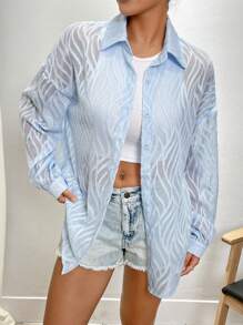 INAWLY 大码女式春夏长袖休闲衬衫 - 藍色 - 查看 6