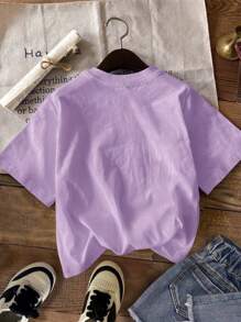 SHEIN Camiseta de manga corta y cuello redondo minimalista informal para niñas preadolescentes, apta para primavera/verano