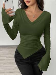 Airlisse Off-Shoulder Asymmetric Hem Knit T-Shirt, Fitted Waist Fall Cloth For Women - Army Green - View 5