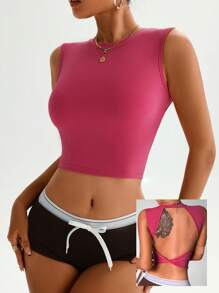 SHEIN Sports 1 件紫红色露背短袖瑜伽、健身、户外休闲、休闲运动上衣 - 玫紅色 - 查看 1