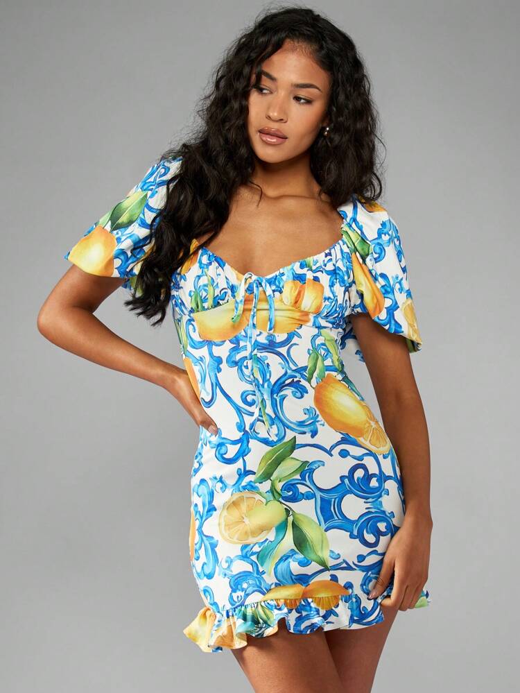 MISSGUIDED Italian Riviera Puff Sleeve Mini Dress With Yellow Citrus Print Ruffle Hem Summer Wedding Guest Dress Spring Garden Party Dress Vacation Beach Resort Dress