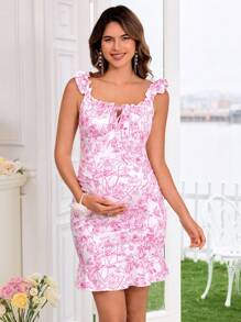 SHEIN Maternity Pleated Digital Print Body-Con Dress - Pink - View 5