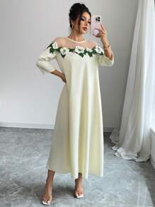 Elenzga Elegant Women's Mid-Length Mesh Patchwork Embroidered Decor Dress - Random Flower Print - Apricot - View 4