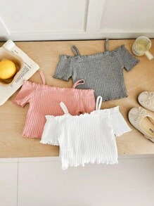 SHEIN 3pcs/Set Baby Girl Cute Simple Solid Color Off-Shoulder Short Sleeve Knit Tops - Multicolor - View 4