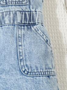 SHEIN Playful Pals Baby Girls' Cute Casual Denim Sleeveless Snap Front Romper - Light Wash - View 4