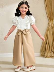 SHEIN 2pcs/Set Young Girls Puff Sleeve Hollow Lace Ruffle Solid Color Casual Waist Tie Pants Young Girls Clothing Young Girls Sets - Multicolor - View 1