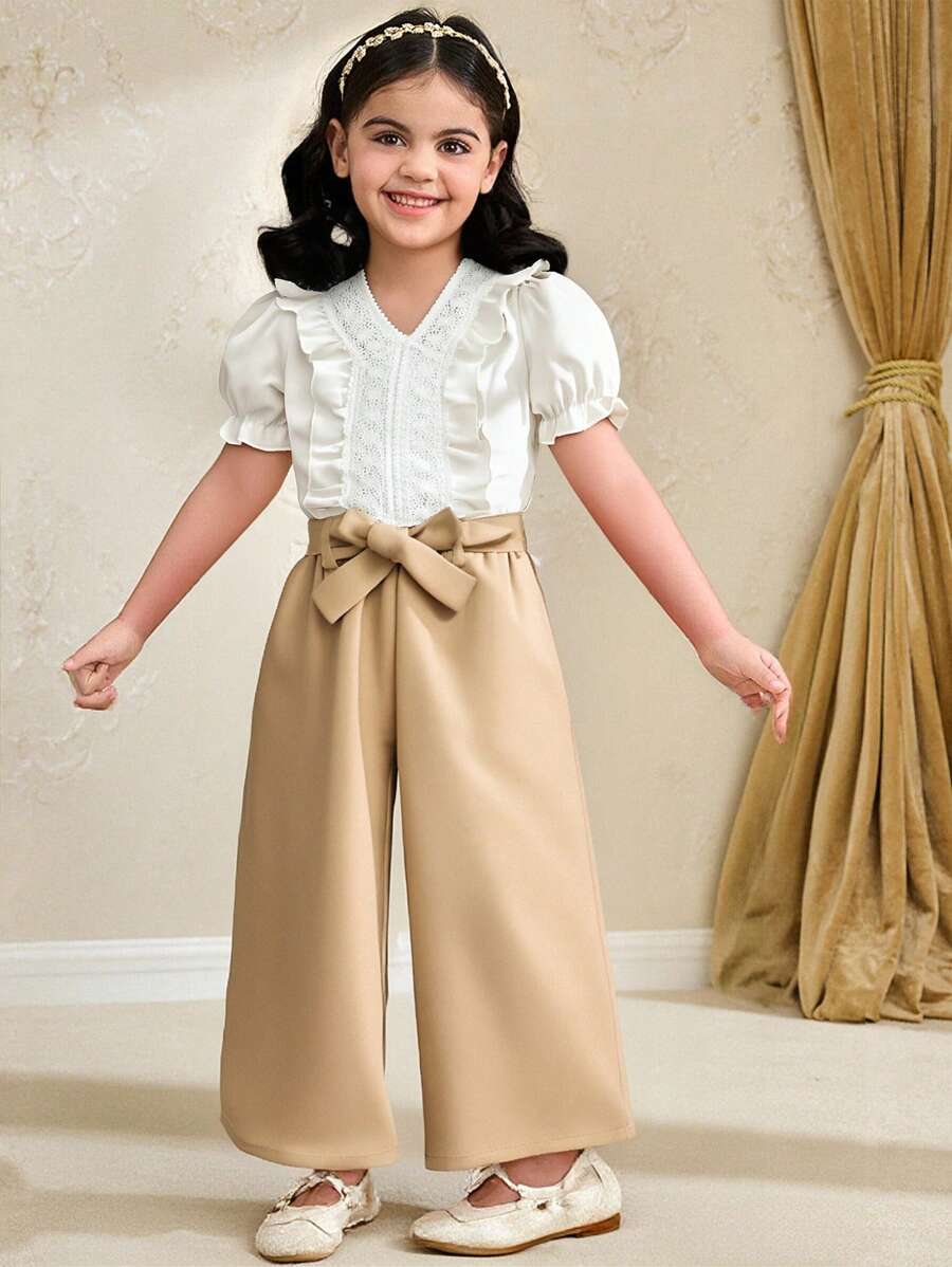 SHEIN 2pcs/Set Young Girls Puff Sleeve Hollow Lace Ruffle Solid Color Casual Waist Tie Pants Young Girls Clothing Young Girls Sets - Multicolor - View 1