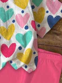 SHEIN Leap Crew 2pcs/Set Colorful Heart Print Casual Tween Girls Short Sleeve T-Shirt And Shorts Set, Suitable For Summer - Multicolor - View 5