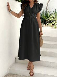 SHEIN Maternity Summer Puff Sleeve V-Neck Ruffle Waist Dress - Black - View 3