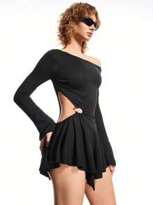 LYSMO 2025 New Arrival Spring-Summer Women's Dera Asymmetric Cut Out Mini Dress In Brown With Waist Cut-Out - Coffee Brown - View 7