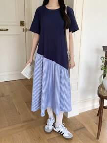 SHEIN 宽松休闲圆领短袖 A 字形下摆拼接连衣裙，适合少女，适合返校、约会、派对、度假 - 藍白色 - 查看 6