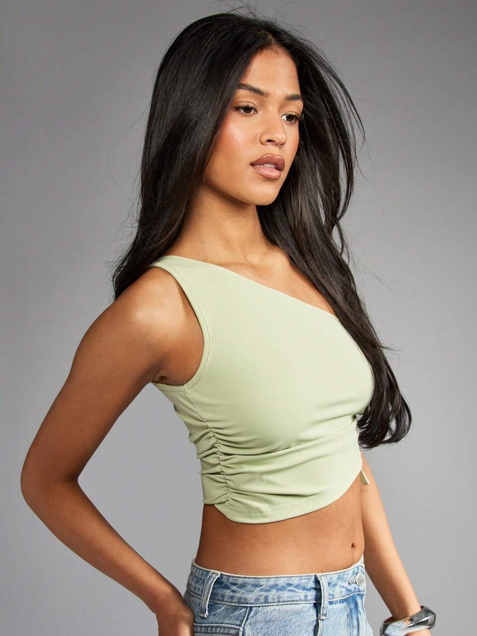 MISSGUIDED One Shoulder Ruched Crop Top With Side Tie Detail Christmas