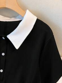 GlowEve CURVE 大码女式黑白拼色休闲衬衫领连衣裙 - 黑與白 - 查看 5