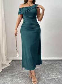 Elenzga Plus Size Women Elegant Solid Color Romantic Ruffle Trim Fitted Short Sleeve Dress