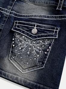 ROMWE J-Fashion Y2K Retro Low Waist Vintage Butterfly Embroidery Adjustable Contrast Line Women Denim Mini Skirt - Navy Blue - View 2