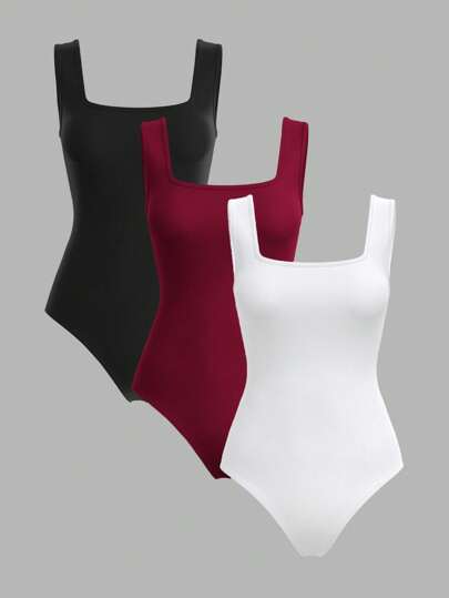 SHEIN BASICS Set de 3 bodys de mujer de color liso con cuello de pico y hombros caídos, ajustados