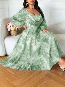 SHEIN Clasi Plus Size Romantic Valentine's Day Square Neck Ruffle Puff Sleeve A-Line Dress - Multicolor - View 1