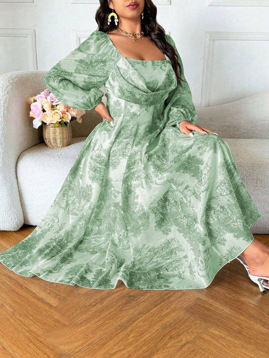 SHEIN Clasi Plus Size Romantic Valentine's Day Square Neck Ruffle Puff Sleeve A-Line Dress - Multicolor - View 1