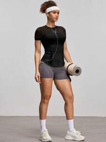 Easithlete Women's Letter Print Mesh Patchwork Short Sleeve Outdoor T-Shirt Fitted Shirt Gym Shirts