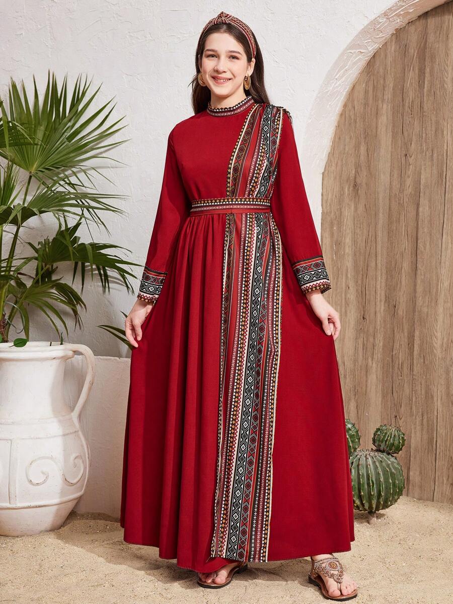 SHEIN Teen Girl's Red Stand Collar Loose Elegant Long Dress, Flared Sleeves, Woven Fabric Contrast Geometric Print, Cinched Waist Waist, Suitable For Eid, National Day, Eid Al-Fitr, Eid Al-Adha Dress