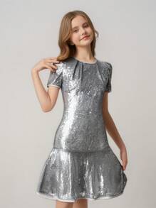 SHEIN Elegant Silver Short Sleeve Ruffle Collar Midi Dress For Tween Girls, Suitable For Prom, Vacation, Evening Party, Birthday, Wedding Ceremony As Flower Girl - Silver - View 1