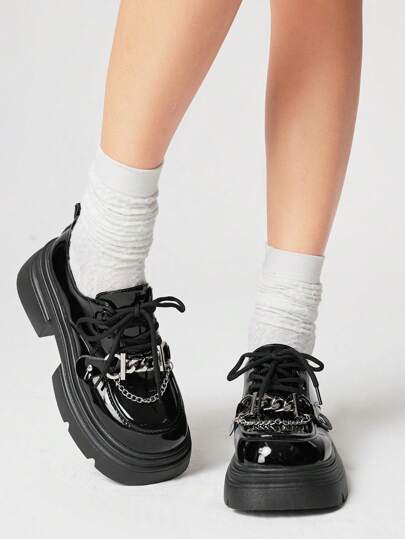 Grunge Punk European & American Gothic Style Black Metal Rivet Lace Up Mary Jane Shoes, Platform Thick Sole Oxfords For Women