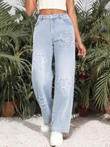 Breezaya Women's Floral Pattern Pockets Frayed Hem Straight Loose Fit Jeans