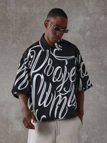 SUMWON Oversized Designer Shirt All Over Print Calligraphy Script Pattern Street Style Festival Party Club Short Sleeve Button Up Casual Contemporary Unique Fashion Statement - Black - View 1