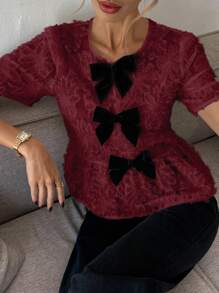 SHEIN Frenchy Women's Bow Decor Round Neck Short Sleeve Ruffle Hem Fashion Blouse Summer Christmas Red - Red - View 7