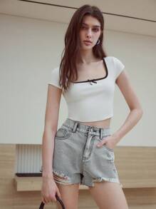 MOTF STUDIO Zerrissene Denim Shorts mit rohem Saum - Grau - Übersicht 7