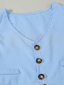 男婴长袖纯色纽扣衬衫、背心和工装短裤套装（带帽子）、休闲装 - 藍色 - 查看 5