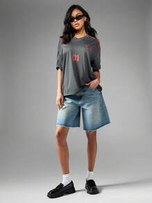 MISSGUIDED Contrast Stripe V Neck Oversized Football Jersey T-Shirt - Dark Grey - View 6