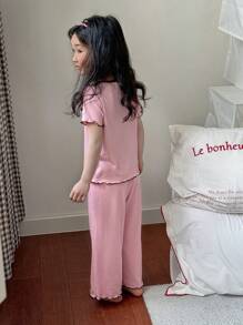 Young Girls Ruffle Bow Round Neck Short Sleeve Top And Loose Pants 2pcs Sleepwear Set - Baby Pink - View 5