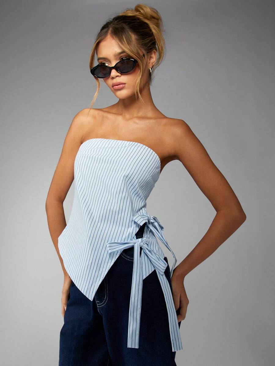 MISSGUIDED 无肩带条纹抹胸上衣,带侧蝴蝶结装饰,夏季时尚休闲短款度假装,适合海滩度假派对晚会穿着 - 藍色 - 查看 1