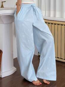 DAZY 可爱蝴蝶结图案全身印花宽松睡裤，秋季 - 淺藍色 - 查看 5