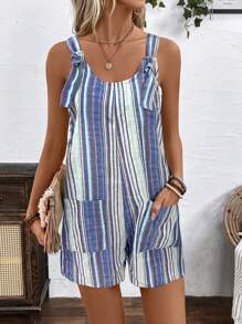 EMERY ROSE Women's Casual Sport Striped Adjustable Strap Romper - Blue - View 3